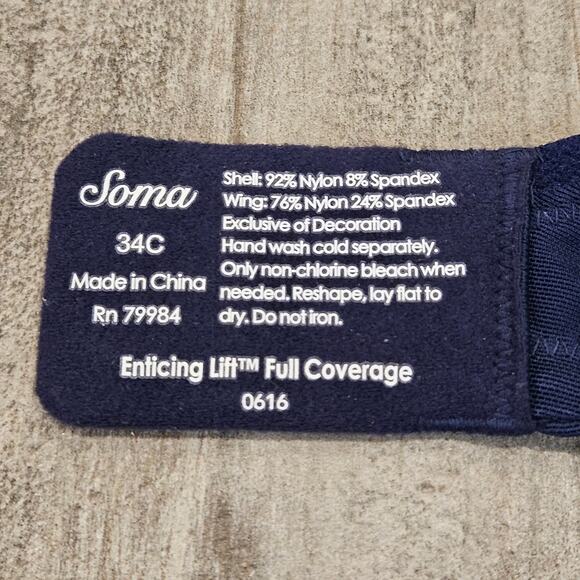 Soma Enticing Lift Full Coverage Lace Bra Womens 34C Navy Blue Feminine Lace - Picture 9 of 9